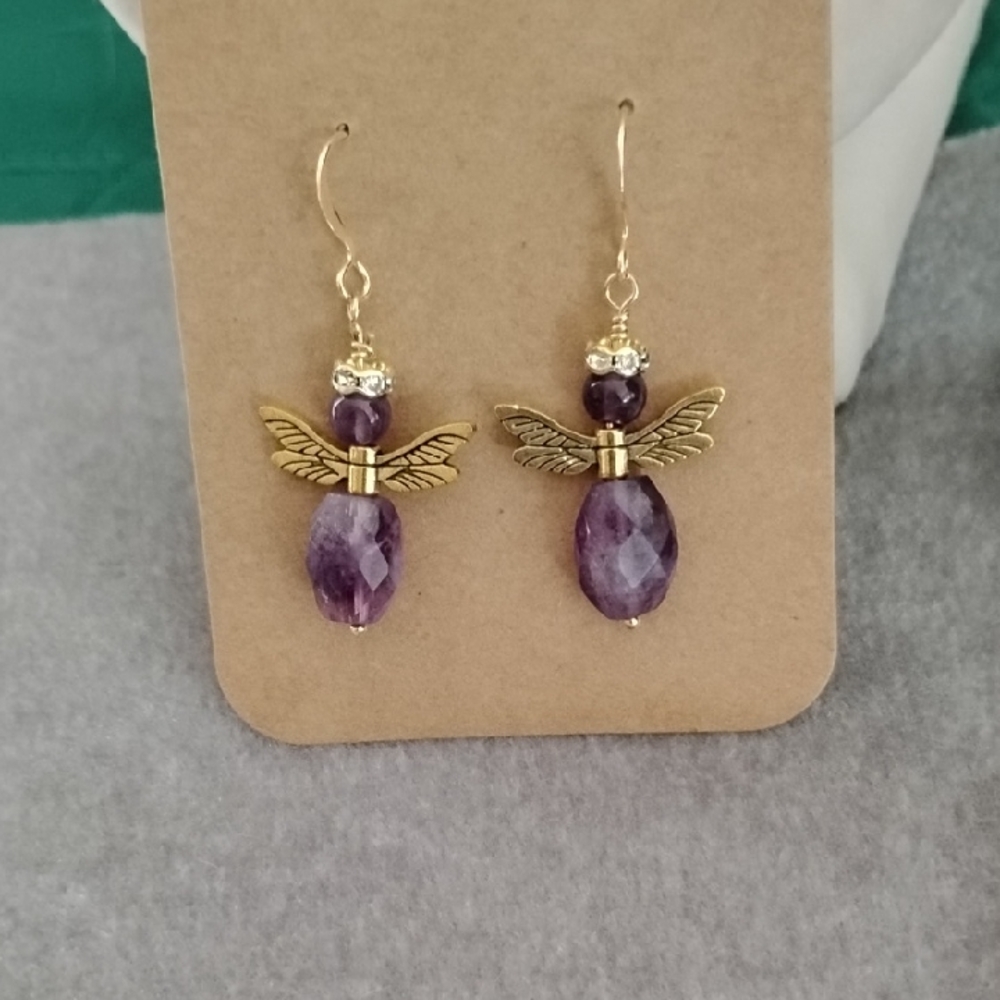 Hand Crafted Amethyst Angel Earrings With Swarovski Crystal